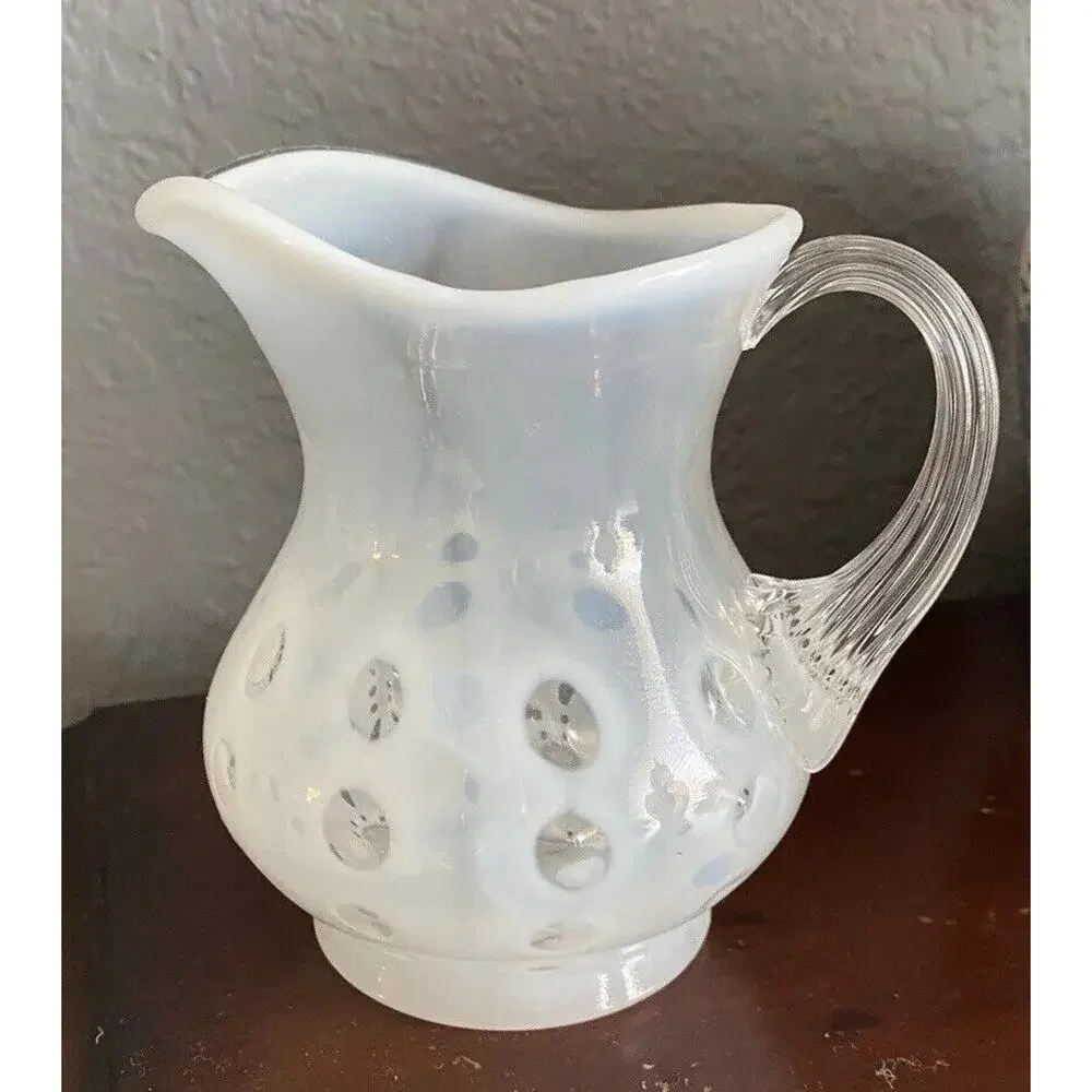 Vintage Fenton White Coin Dot Creamer Pitcher Small Opalescent 4” Glass Vase